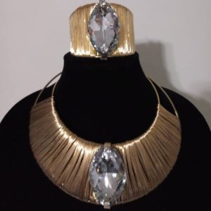 GOLD HUGE RHINESTONE STATEMENT NECKLACE & BRACELET SET